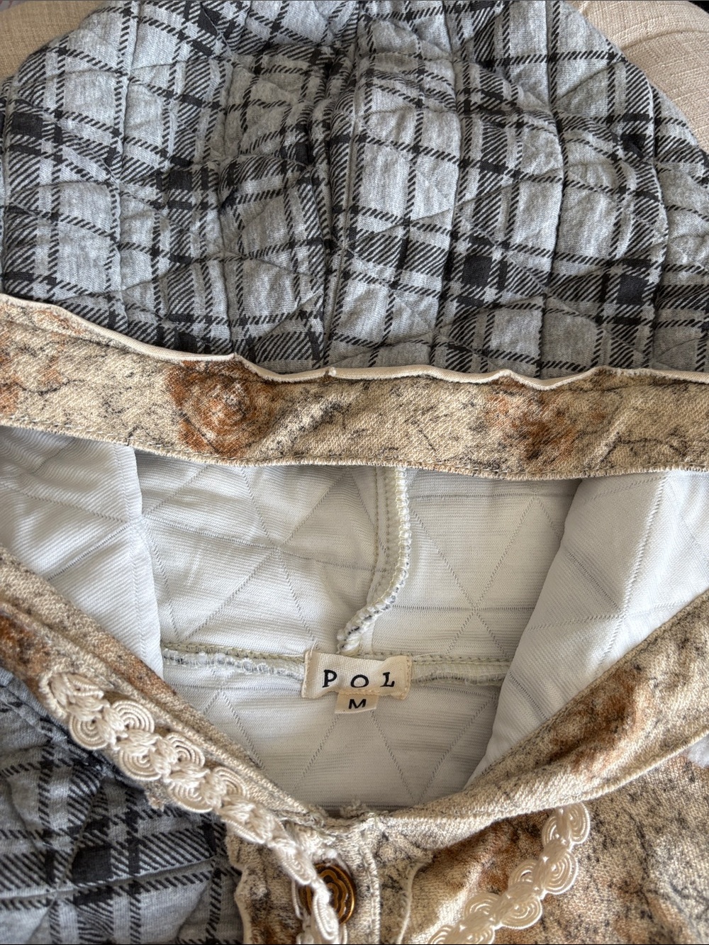 POL Beige, Tan & Gray Patchwork Hooded Jacket with Peace Patch - Picture 9 of 14